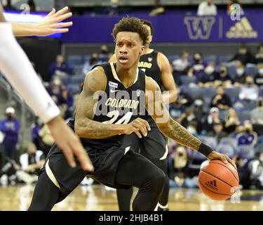 Seattle, WA, États-Unis.27th janvier 2022.Le Colorado garde Elijah parquet pendant le match de basket-ball NCAA entre les Colorado Buffaloes et Washington Huskies au pavillon HEC Edmundson à Seattle, WA.Washington défait le Colorado 60-58.Steve Faber/CSM/Alamy Live News Banque D'Images