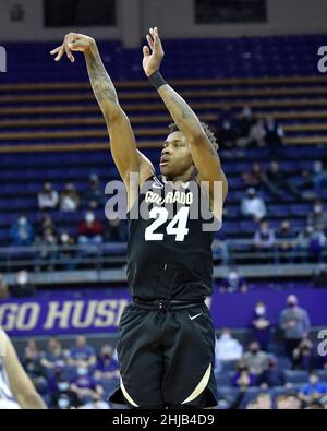 Seattle, WA, États-Unis.27th janvier 2022.Le Colorado garde Elijah parquet pendant le match de basket-ball NCAA entre les Colorado Buffaloes et Washington Huskies au pavillon HEC Edmundson à Seattle, WA.Washington défait le Colorado 60-58.Steve Faber/CSM/Alamy Live News Banque D'Images