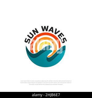 Ocean Waves et soleil logo abstrait modèle négatif espace océan logo Illustration de Vecteur