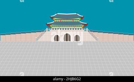 vue arrière porte de gwanghwamun et long mur et grande cour au palais gyeongbokgung à séoul corée du sud illustration vectorielle eps10 Illustration de Vecteur