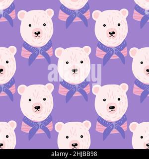 Motif de dessin animé sans couture avec ornement de marin blanc à motif ours polaire.Arrière-plan violet.Style enfant.Illustration vectorielle pour les imprimés textiles de saison, le tissu Illustration de Vecteur