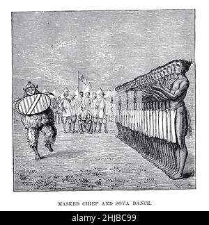 Chef masqué et danse sova du livre Stanley in Africa.Les découvertes merveilleuses et les aventures palpitantes du grand explorateur africain, et d'autres voyageurs, pionniers et missionnaires par James Penny Boyd, éditeur: Philadelphie, Pennsylvanie; St. Louis, Missouri,P. W. Ziegler et co en 1889 Banque D'Images