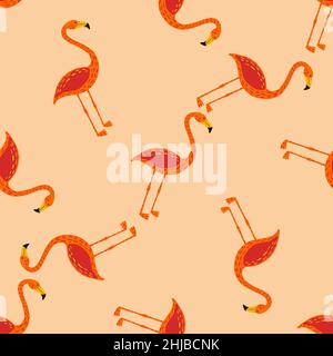 Motif sans couture créatif avec décoration flamants orange aléatoires.Fond rose pastel.Imprimé nature.Illustration vectorielle pour tirages textiles de saison, Illustration de Vecteur