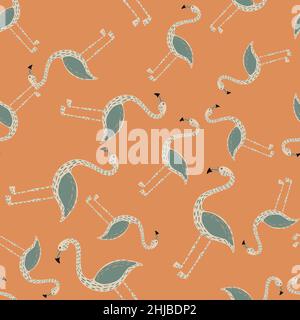 Motif aléatoire sans couture avec éléments flamants bleu et gris.Arrière-plan orange.Illustration vectorielle pour tirages textiles de saison, fabr Illustration de Vecteur