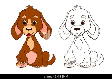 Un petit chiot brun drôle avec des oreilles de disquettes est assis sur ses pattes arrière.Illustration vectorielle, style de dessin animé, ligne noire et blanche Illustration de Vecteur