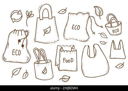 Ecologie concept pas de plastique et de matières organiques. Jeu de sacs écologiques naturels et de sacs en papier pour l'épicerie. Illustration vectorielle.Mises en plan manuelles linéaires en d Illustration de Vecteur