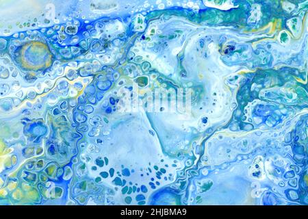 peinture liquide acrylique bleu, bulles d'encre naturelle sur toile, illustration d'onde, résumé, texture ou arrière-plan Banque D'Images