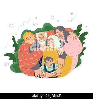 Joyeuse famille caucasienne debout ensemble et embrassant.Parents, enfants, personnes âgées et jeunes couples aimant.Illustration du vecteur de bande dessinée Illustration de Vecteur