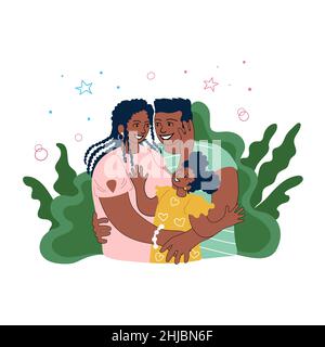 Un jeune couple de la famille afro-américaine tient doucement les mains autour de leur petite fille heureuse Illustration de Vecteur