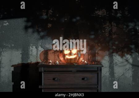 3d rendu de citrouille de citrouille en forme de citrouille crépette, posée sur une table de nuit dans le salon sombre Banque D'Images