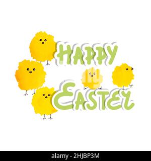 Happy Easter card poussins jaune aquarelle et autocollant lettrage, isolé, fond blanc.Illustration vectorielle Illustration de Vecteur