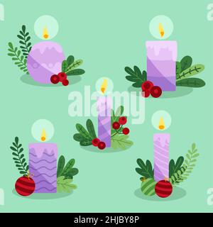 Illustration vectorielle de l'ensemble de bougies de l'Avent dessinées à la main. Illustration de Vecteur