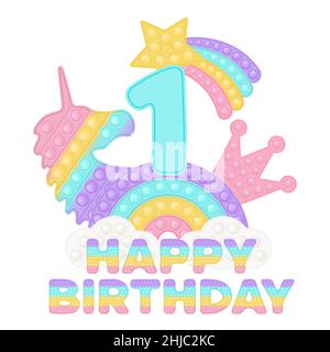 Joyeux anniversaire 1st un an surmatelas pop IT ou imprimé sublimation pour t-shirt en style un jouet en silicone tendance pour les mégosses.Numéro bleu, unicorn, Crow Illustration de Vecteur