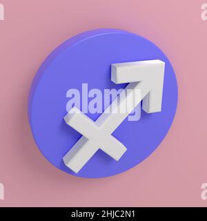 Icônes tridimensionnelles des signes du zodiaque.Le symbole du Sagittaire.Signe de zodiaque blanc sur cylindre bleu sur fond rose.3D rendu. Banque D'Images