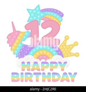 Happy 12th Birthday Twelve Years Pop IT topper or sublimation print pour t-shirt en style un jouet en silicone tendance pour les mégosses.Nombre rose, unicorn, Illustration de Vecteur