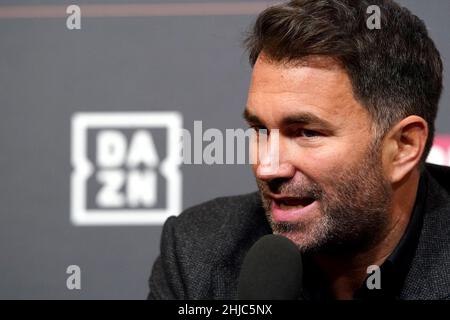 ProMotor Eddie Hearn s'exprimant lors d'une conférence de presse au Banking Hall de Leeds.Date de la photo: Vendredi 28 janvier 2022. Banque D'Images