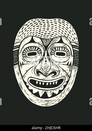Motif de masque tribal.Forme blanche sur fond noir, élément de conception dessiné à la main. Illustration vectorielle Illustration de Vecteur