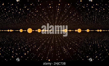 Les points sur une surface de grille se déplacent et se tordent de l'ordre au chaos.Les points se dispersent dans l'espace.Technologie abstraite plexus fantasy, données, mouvement d'ingénierie Banque D'Images