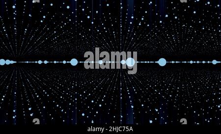 Les points sur une surface de grille se déplacent et se tordent de l'ordre au chaos.Les points se dispersent dans l'espace.Technologie abstraite plexus fantasy, données, mouvement d'ingénierie Banque D'Images