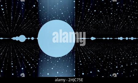 Les points sur une surface de grille se déplacent et se tordent de l'ordre au chaos.Les points se dispersent dans l'espace.Technologie abstraite plexus fantasy, données, mouvement d'ingénierie Banque D'Images