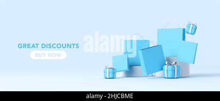 Bannière de réduction d'achat en ligne avec des sacs en papier et des cadeaux.3D rendu Banque D'Images