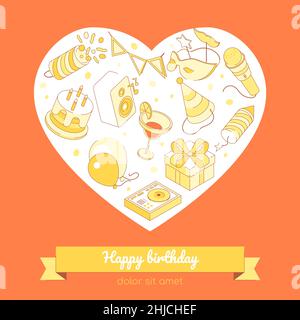 Joyeux anniversaire - bannière moderne isométrique colorée en forme de coeur avec espace de copie pour le texte.Contour modifiable.Set de fête amusant - gâteau avec bougies, firecrack Illustration de Vecteur