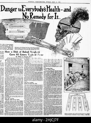 Article du Richmond Times-Dispatch, 11 juillet 1915, sur une femme connue sous le nom de Mme X qui a cuit un plat de spaghetti pour un dîner d'église à Hanford, Californie.Elle était porteuse asymptomatique de la fièvre typhoïde et le plat a infecté 93 personnes, dont trois sont mortes.Une photo de 'typhoïde Mary' ou de Mary Mallon, le premier vecteur asymétrique connu du typhus aux États-Unis, figure ci-dessous l'illustration de Mme X. Banque D'Images