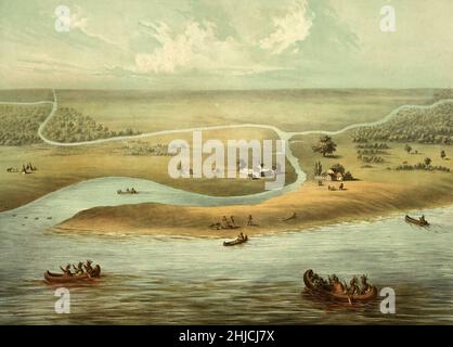 Imprimé montrant les Amérindiens en 1820 engagés dans le commerce des fourrures près de la colonie de Chicago, avec fort Dearborn et la rivière Chicago en arrière-plan.Illustration de 1867. Banque D'Images