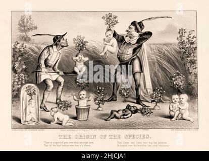 Origine de l'espèce, illustration satirique de Currier et Ives, 1874.Les bébés sont tirés du sol comme des plantes.Le poème se lit comme suit : « il y a une légende du yore, sur laquelle on peut se pores, / que tous les premiers bébés sont nés d'une fleur, / que les Caesars et les Catos ont été creusés comme des pommes de terre, / ou ont chuté des branches comme des tomates juteuses. » Banque D'Images