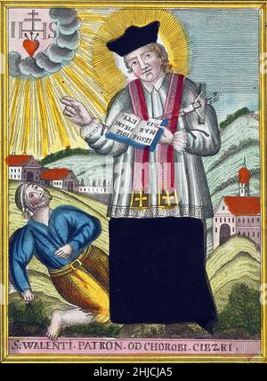 Gravure de Saint Valentin bénédiction épileptique, c.19th siècle.Saint Valentine est un saint romain du troisième siècle largement reconnu commémoré le 14 février et associé depuis le Haut Moyen Age à une tradition d'amour courtois.Il est le Saint patron des couples apposancés, apiculteurs, heureux mariages, amour, peste,épilepsie et évanouissement. Banque D'Images