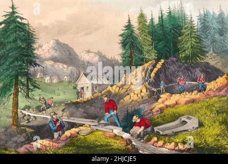 Les mineurs d'or de Californie dépachent le sable du ruisseau dans une écluse, tandis qu'un mineur fait un dépôt d'or dans le même ruisseau.La ruée vers l'or de Californie a commencé en 1848, lorsque l'or a été trouvé à Sutter's Mill à Coloma, en Californie.Currier & Ives, 1871. Banque D'Images