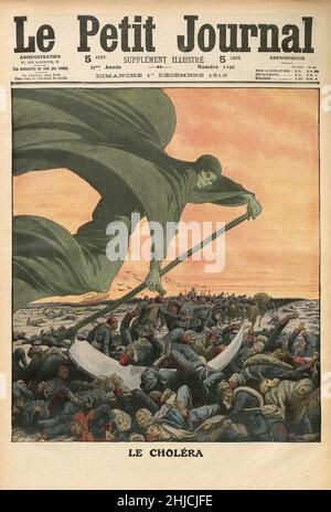 Dessin de la mort amener le choléra aux soldats pendant la première guerre des Balkans (1912-13).Couverture du petit Journal, 1912.Le choléra est une infection de l'intestin grêle par certaines souches de la bactérie Vibrio cholerae.Elle se propage principalement par l'eau et les aliments contaminés par des excréments humains contenant Vibrio cholerae.À l'origine, on pensait qu'elle était causée par un « air nauséabond », et la véritable cause a été identifiée par John Snow entre 1849 et 1854. Banque D'Images