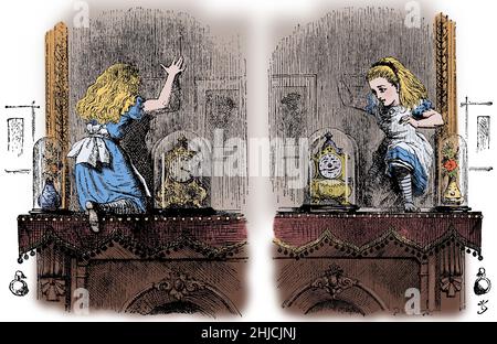 Par le biais du verre à regarder, et ce qu'Alice y a trouvé (1871) est un roman de Lewis Carroll. Grimpant sur le manteau de cheminée, elle poque au miroir mural derrière la cheminée et découvre, à sa surprise, qu'elle est capable de passer à un monde alternatif. John Tenniel (28 février 1820 - 25 février 1914) était illustrateur anglais, humoriste graphique et caricaturiste politique. Banque D'Images
