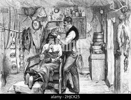 Un chef amérindien vêtu de ses cheveux dans un magasin de coiffure de Standing Rock, territoire du Dakota.Illustration de William A. Rogers de Harper's Weekly, le 15 mars 1879. Banque D'Images
