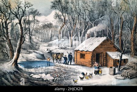 « a Home in the Wilderness », qui montre une cabine pionnière américaine sur la frontière occidentale.Lithographie de couleur main publiée par Currier & Ives, 1870. Banque D'Images