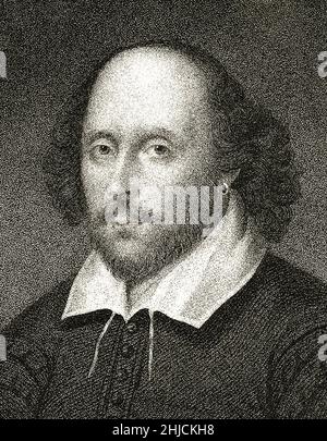 Shakespeare par John Cochran, graveur du XIXe siècle. William Shakespeare (1564 - 1616) était un célèbre poète anglais et dramaturge important, considéré comme le plus grand écrivain de la langue anglaise, et restant influent pendant des siècles. Banque D'Images