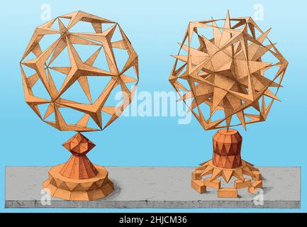 Variations polyédriques basées sur les cinq solides platoniques, ou « corps volumiques » : le tétraèdre, le cube, l'octaèdre, le dodécaèdre et l'icosaèdre.De Perspectiva Corporum Regularium (perspective des corps réguliers), un recueil de géométrie perspectivale destiné à montrer les compétences graphiques de Wenzel Jamnitzer, un célèbre orfèvre allemand du XVIe siècle.Gravé par Jost Amman (Suisse, 1539-1591) après Jamnitzer.Couleurs améliorées. Banque D'Images
