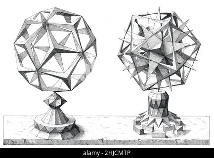 Variations polyédriques basées sur les cinq solides platoniques, ou « corps volumiques » : le tétraèdre, le cube, l'octaèdre, le dodécaèdre et l'icosaèdre.De Perspectiva Corporum Regularium (perspective des corps réguliers), un recueil de géométrie perspectivale destiné à montrer les compétences graphiques de Wenzel Jamnitzer, un célèbre orfèvre allemand du XVIe siècle.Gravé par Jost Amman (Suisse, 1539-1591) après Jamnitzer. Banque D'Images