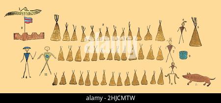 Les premiers symboles écrits étaient basés sur des pictogrammes (images qui ressemblent à ce qu'ils signifient) et des idéogrammes (symboles qui représentent des idées).Les pictogrammes peuvent être considérés comme une forme d'art ou comme une langue écrite et sont désignés comme tels dans l'art précolombien, l'art amérindien, la Mésopotamie antique et la peinture dans les Amériques avant la colonisation. Banque D'Images