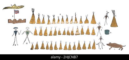 Les premiers symboles écrits étaient basés sur des pictogrammes (images qui ressemblent à ce qu'ils signifient) et des idéogrammes (symboles qui représentent des idées).Les pictogrammes peuvent être considérés comme une forme d'art ou comme une langue écrite et sont désignés comme tels dans l'art précolombien, l'art amérindien, la Mésopotamie antique et la peinture dans les Amériques avant la colonisation. Banque D'Images