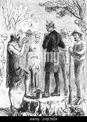 Une illustration de Johnny Appleseed qui prononce un discours, vers 1820.Publié en novembre 1871 dans le nouveau magazine mensuel de Harper.John Chapman (1774-1845), plus connu sous le nom de Johnny Appleseed, était un pionnier américain, nurseryman, qui a introduit des pommiers dans de grandes parties de la Pennsylvanie, de l'Ohio, de l'Indiana, de l'Illinois et de l'Ontario, ainsi que dans les comtés du nord de la Virginie occidentale actuelle.Il est devenu une légende américaine avec ses activités de plantation d'arbres. Banque D'Images