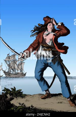 Mary Read AKA Mark Read (1685 - 1721) était un pirate anglais.Elle a commencé à s'habiller comme un garçon par sa mère afin de recevoir de l'argent d'héritage et ensuite de rejoindre l'armée britannique.En 1720, elle rencontre Jack Rackham et rejoint son équipage, s'habillant comme un homme aux côtés d'Anne Bonny.Rackham et son équipage ont été arrêtés.Bonny et Read étaient enceintes et ont reçu des peines différées, mais Read est mort d'une fièvre.Howard Pyle's Book of Pirates, 1921 (culture et nettoyage). Banque D'Images