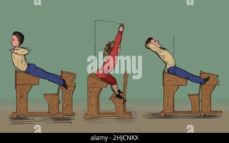 Les écoliers font de la gymnastique à leur bureau.La gymnastique est un sport pratiqué par les hommes et les femmes qui exige l'équilibre, la force, la flexibilité, l'agilité, la coordination,endurance et contrôle.Les mouvements impliqués dans la gymnastique contribuent au développement des bras, des jambes, des épaules, du dos, de la poitrine et des groupes musculaires abdominaux.La vigilance, la précision, l'audace, la confiance en soi et la discipline sont des traits mentaux qui peuvent également être développés par la gymnastique.Colorisé. Banque D'Images