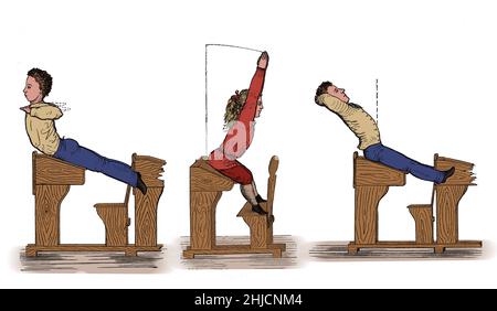 Les écoliers font de la gymnastique à leur bureau.La gymnastique est un sport pratiqué par les hommes et les femmes qui exige l'équilibre, la force, la flexibilité, l'agilité, la coordination,endurance et contrôle.Les mouvements impliqués dans la gymnastique contribuent au développement des bras, des jambes, des épaules, du dos, de la poitrine et des groupes musculaires abdominaux.La vigilance, la précision, l'audace, la confiance en soi et la discipline sont des traits mentaux qui peuvent également être développés par la gymnastique.Colorisé. Banque D'Images