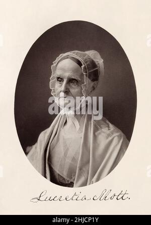 Lucretia Mott (1793-1880) était un Quaker américain, abolitionniste, militante des droits des femmes et réformateur social.Elle a été inspirée à lutter pour les droits des femmes lorsqu'elle a été exclue avec d'autres femmes de la Convention mondiale contre l'esclavage qui s'est tenue à Londres en 1840.En 1848, elle a été l'une des dirigeantes de la convention Seneca Falls, la première convention sur les droits des femmes aux États-Unis.Photographié par F. Gutekunst à Philadelphie, vers 1870s. Banque D'Images