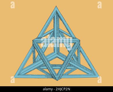 Gravure géométrique d'une variation polyédrique de 'A True and minutieuse instruction in Geometry', 1543, par Augustin Hirschvogel (1503‚Äì1553), qui comprenait des exemples des cinq solides platoniques -- tétraèdre, hexaèdre (cube), octaèdre, dodécaèdre et icosaèdre -- qui, selon Platon, étaient les blocs de construction du monde.Couleurs améliorées. Banque D'Images