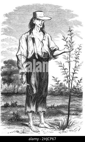 Un dessin de Johnny Appleseed, tiré de 'A History of the Pioneer and Modern Times of Ashland County' par H. S. Knapp, 1862.John Chapman (1774-1845), plus connu sous le nom de Johnny Appleseed, était un pionnier américain, nurseryman, qui a introduit des pommiers dans de grandes parties de la Pennsylvanie, de l'Ohio, de l'Indiana, de l'Illinois et de l'Ontario, ainsi que dans les comtés du nord de la Virginie occidentale actuelle.Il est devenu une légende américaine avec ses activités de plantation d'arbres. Banque D'Images