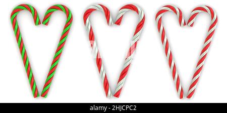 Ensemble de cannes de Noël pliées en forme de coeur sur une surface blanche.3D illustration Banque D'Images