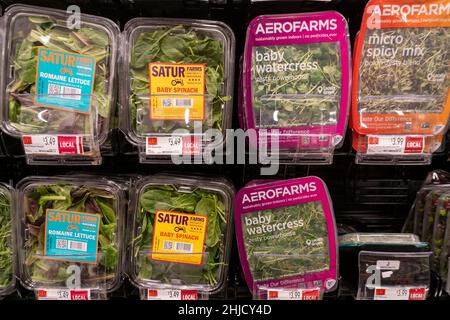 Des paquets de différentes marques de salades vertes dans un supermarché à New York le mercredi 28 janvier 2022.(© Richard B. Levine) Banque D'Images