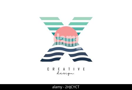 Logo lettre X avec lignes droites et zigzag colorées.Illustration vectorielle avec lignes de couleur de mer et de coucher de soleil et demi-cercle. Illustration de Vecteur